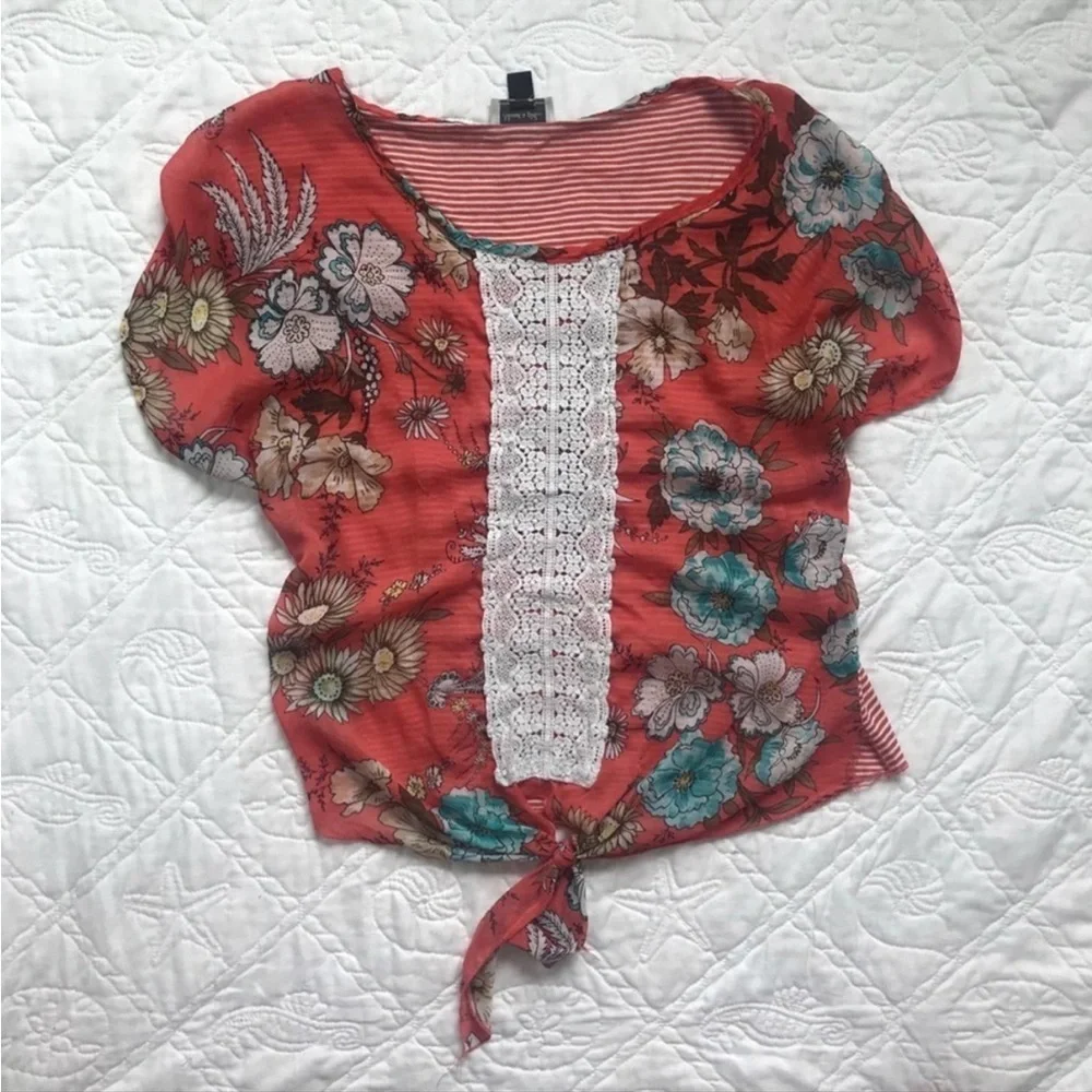 About a Girl... Lace Striped Floral Tie Front Top Orange White Blue Size L